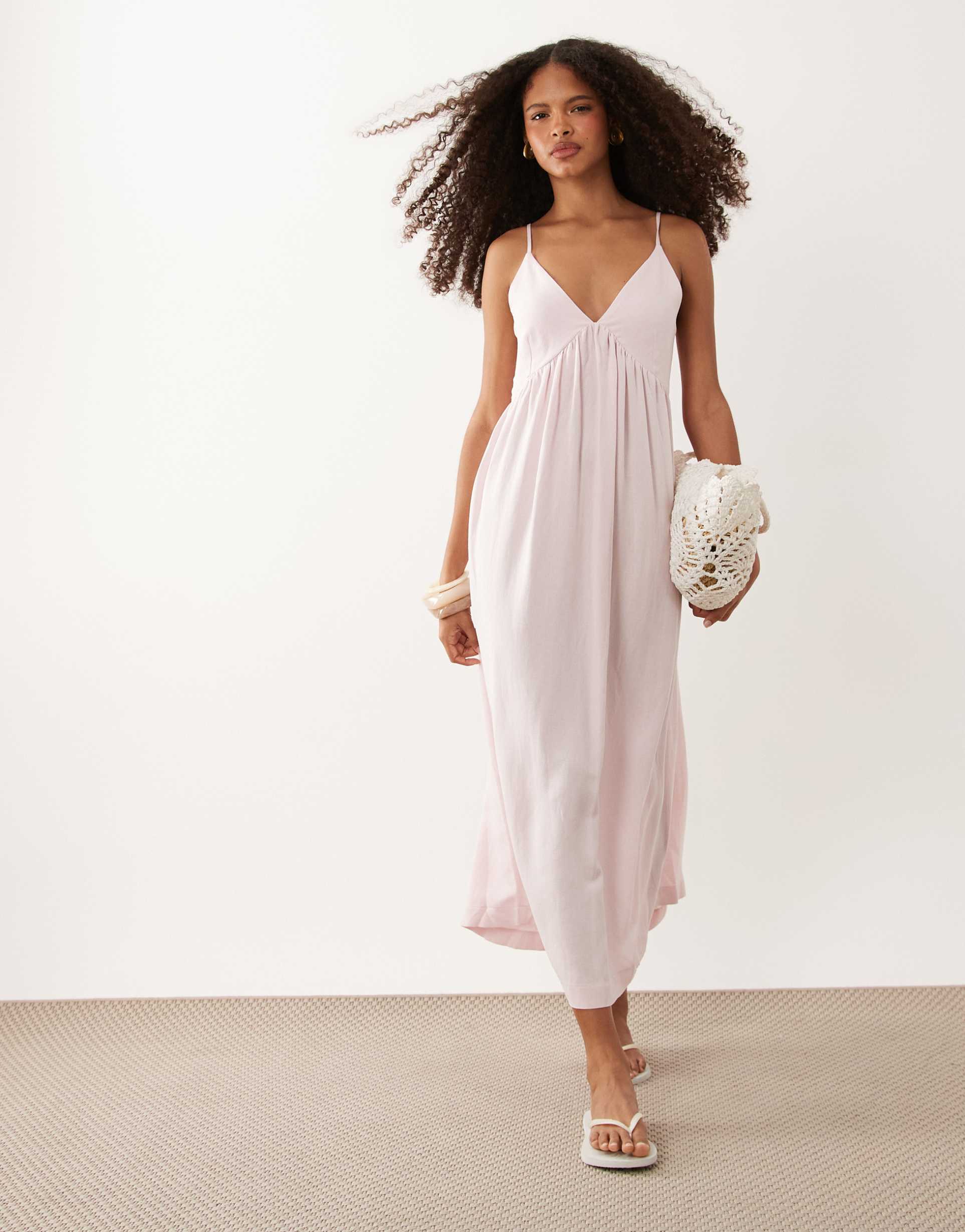 asos design linen blend deep v maxi sundress in pink