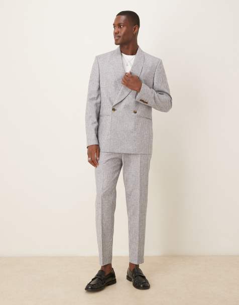 ASOS DESIGN linen-blend double-breasted regular suit in blue stripe - view 1