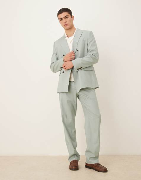 ASOS DESIGN linen blend double breasted regular suit in green - view 1