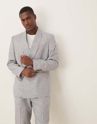 linen blend double breasted regular suit jacket in blue stripe