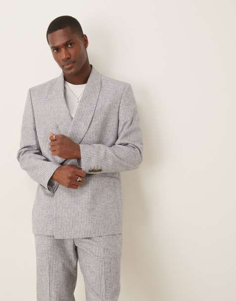 ASOS DESIGN linen blend double breasted regular suit jacket in blue stripe - view 1