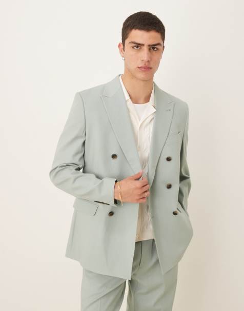ASOS DESIGN linen blend double breasted regular suit jacket in green - view 1