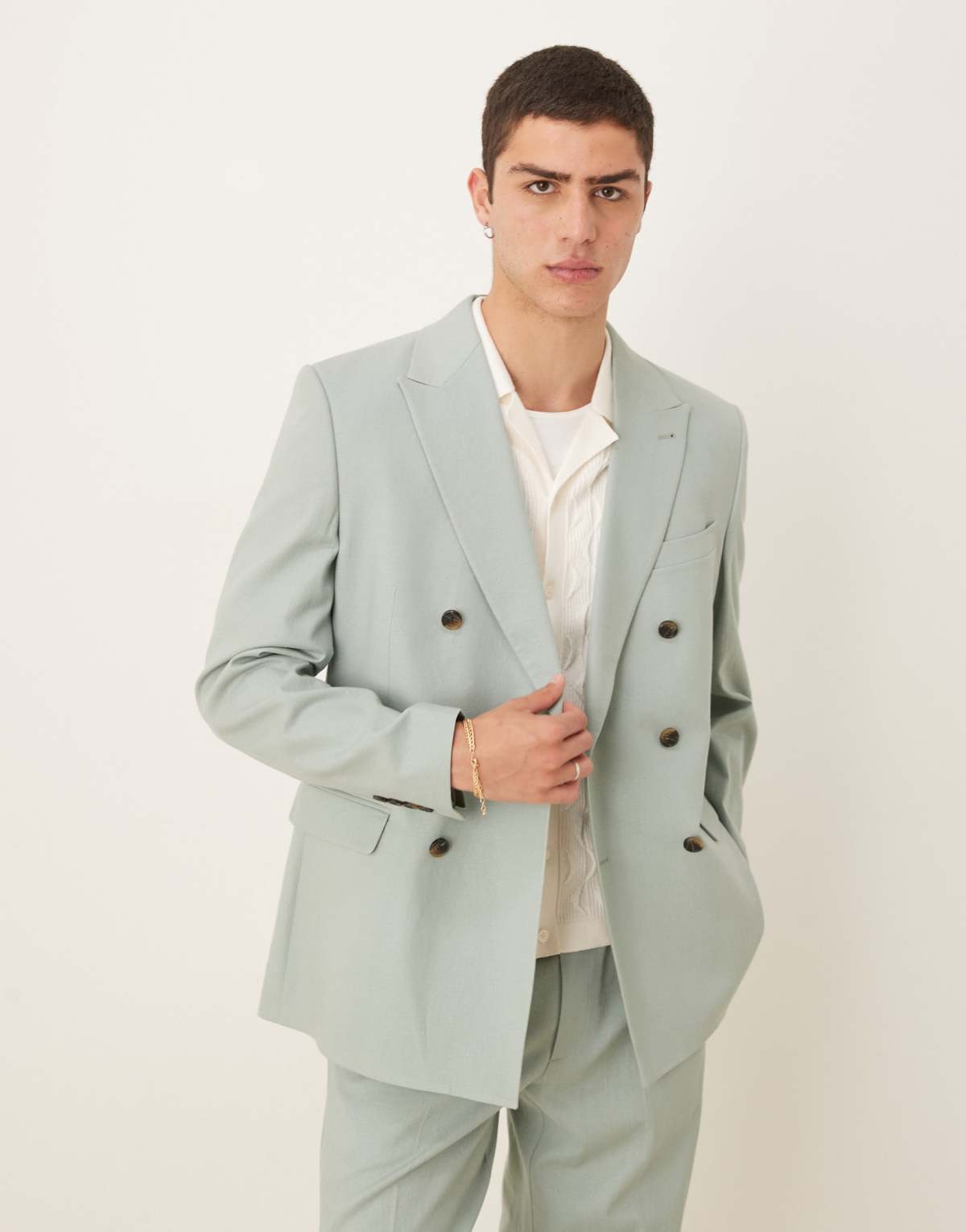 ASOS DESIGN linen blend double breasted regular suit jacket in green