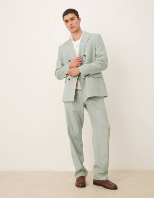 Asos Design Linen Blend Double Breasted Regular Suit Jacket In Green
