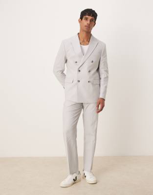 Asos Design Linen Blend Double Breasted Regular Suit Jacket In Gray
