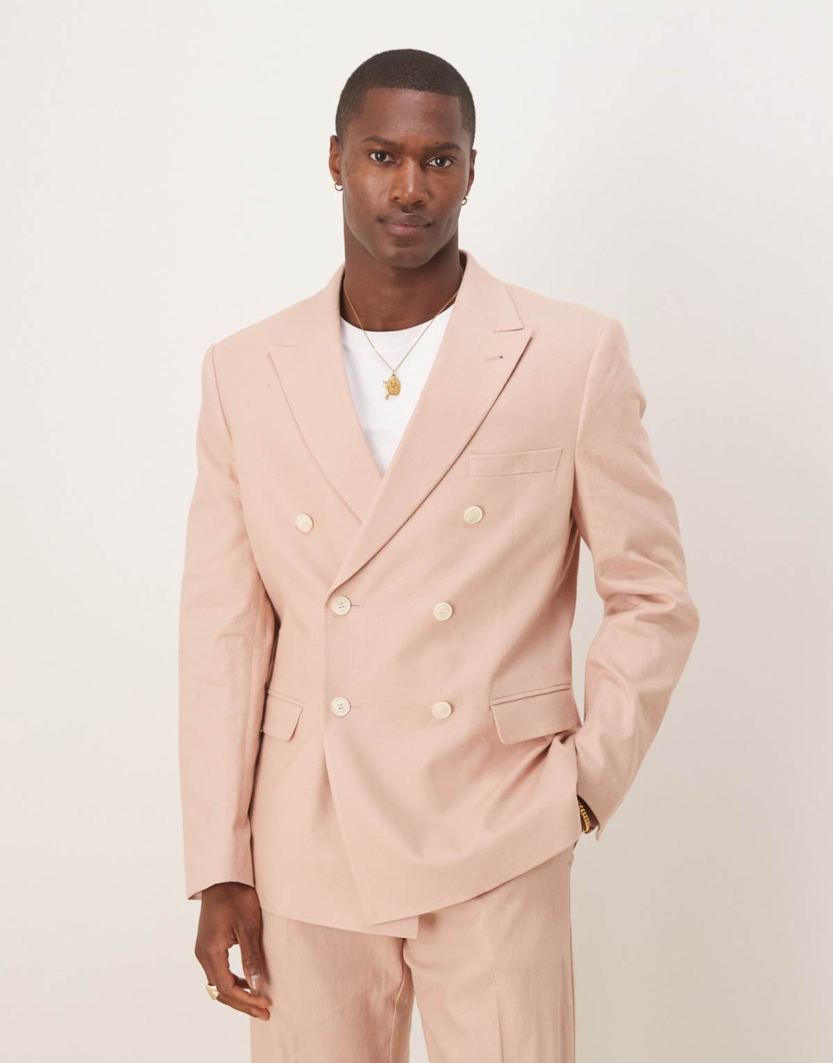 ASOS DESIGN linen blend double breasted slim suit jacket in dusty pink - LPINK
