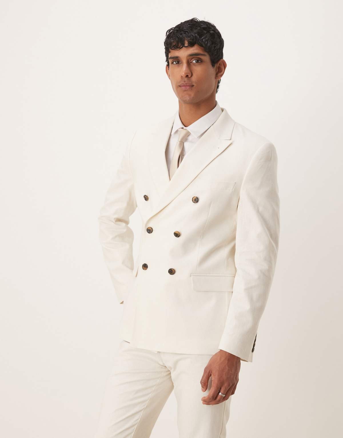 ASOS DESIGN linen blend double breasted slim suit jacket in ecru - CREAM