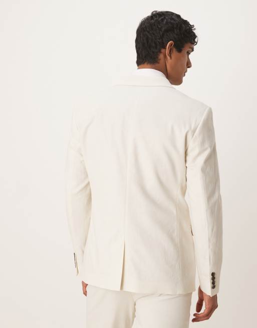 ASOS DESIGN linen blend double breasted slim suit jacket in ecru - CREAM, 5 of 5