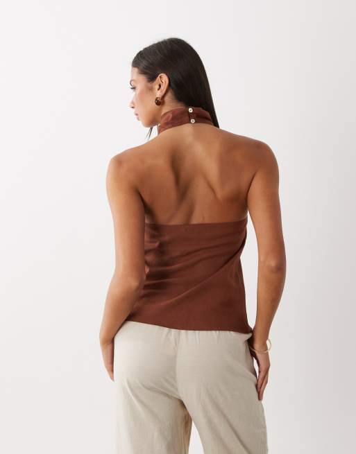 ASOS DESIGN linen blend drapey halter neck top in chocolate - part of a set, 3 of 4
