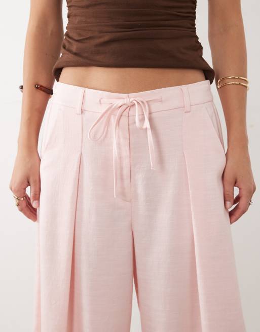 ASOS DESIGN linen blend drawstring waist barrel trouser in pink co-ord, 3 of 5