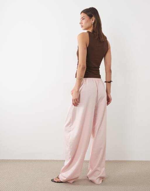 ASOS DESIGN linen blend drawstring waist barrel trouser in pink co-ord, 4 of 5