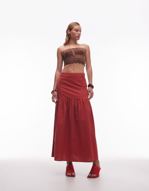 ASOS DESIGN linen blend drop waist maxi skirt in brick red - view 1