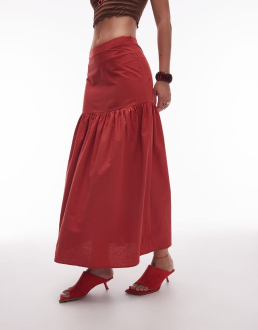 ASOS DESIGN linen blend drop waist maxi skirt in brick red