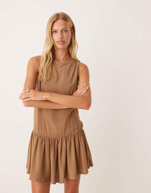 ASOS DESIGN linen blend drop waist mini dress in mocha, 2 of 4
