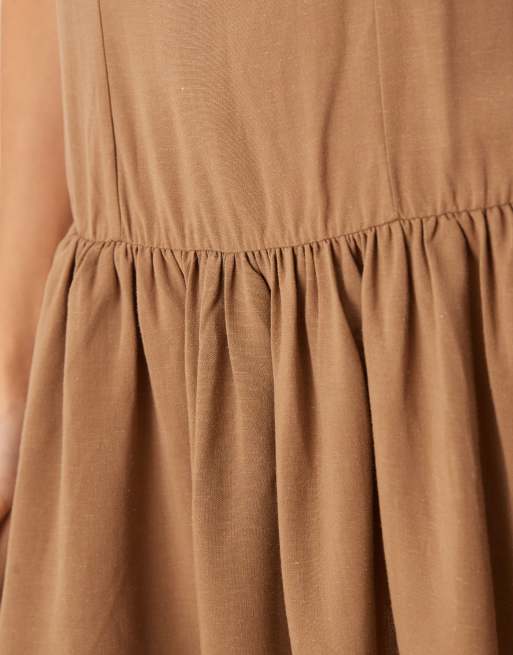 ASOS DESIGN linen blend drop waist mini dress in mocha, 3 of 4