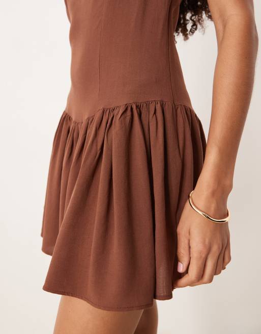 ASOS Design Linen Blend Dropped Waist Mini Dress in chocolate-Brown