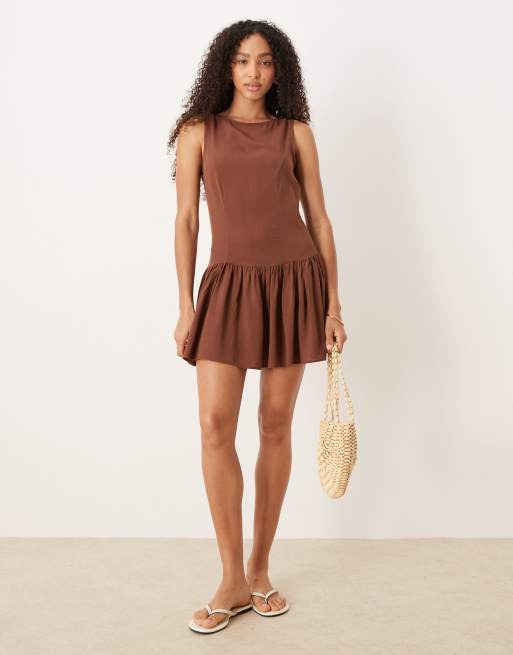 ASOS DESIGN linen blend dropped waist mini dress in chocolate, 4 of 4