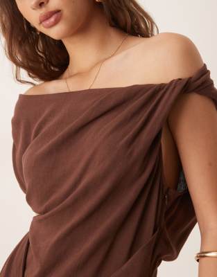 Shop Asos Design Linen Blend Fallen Twisted Shoulder Wrap Skirt Detail Midi Dress In Brown