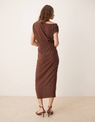 ASOS DESIGN linen blend fallen twisted shoulder wrap skirt detail midi dress in chocolate brown
