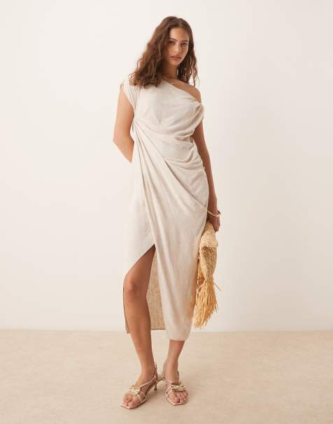ASOS DESIGN linen blend fallen twisted shoulder wrap skirt detail midi dress in oat - view 1