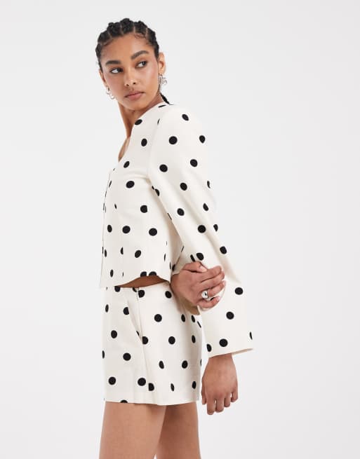 ASOS DESIGN linen blend fitted high waist short in cream polka dot, 5 of 5