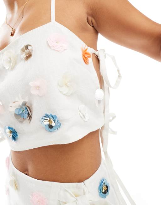 ASOS DESIGN linen blend floral embellished tie side top in white (part of a set), 4 of 4