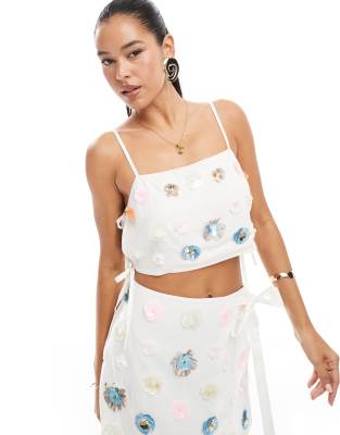 Asos Design Linen Blend Floral Embellished Tie Sides Top In White