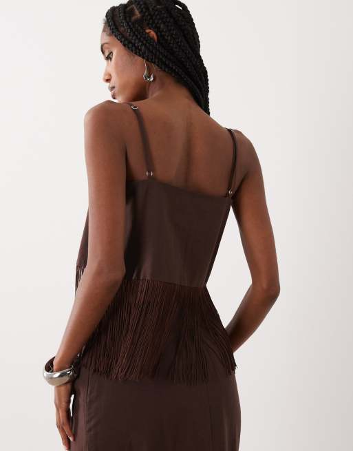 ASOS DESIGN linen blend fringe cami top in chocolate co ord, 3 of 4
