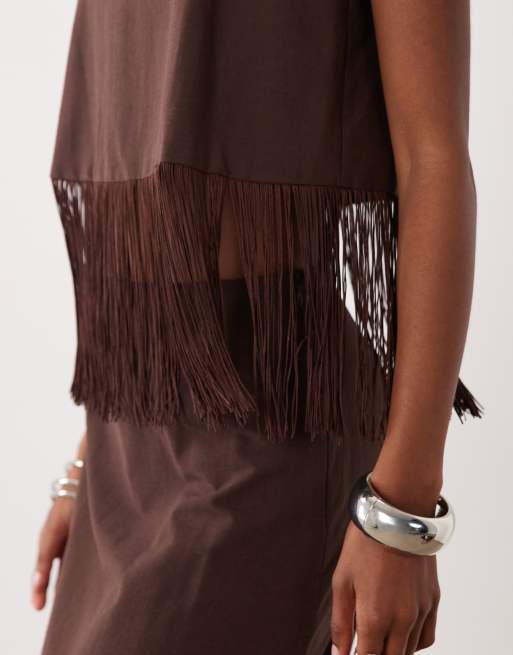 ASOS DESIGN linen blend fringe cami top in chocolate co ord, 4 of 4