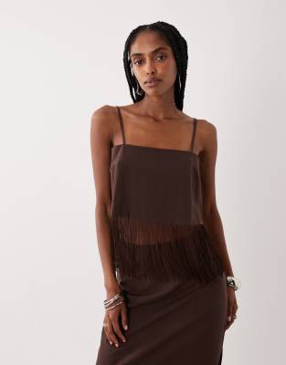 Asos Design Linen Blend Fringe Cami Top Set In Brown