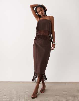 Asos Design Linen Blend Fringe Pencil Skirt In Brown