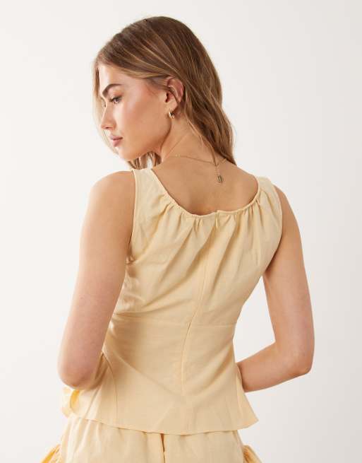 ASOS DESIGN linen blend godet waist strappy top in buttermilk set, 4 of 4