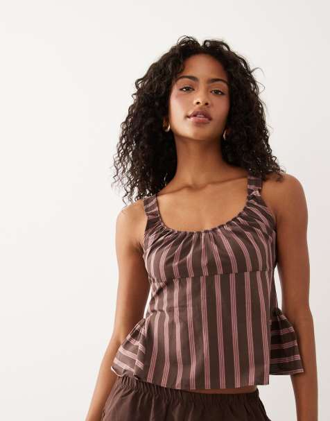 ASOS DESIGN linen blend godet waist strappy top in chocolate co ord - view 1