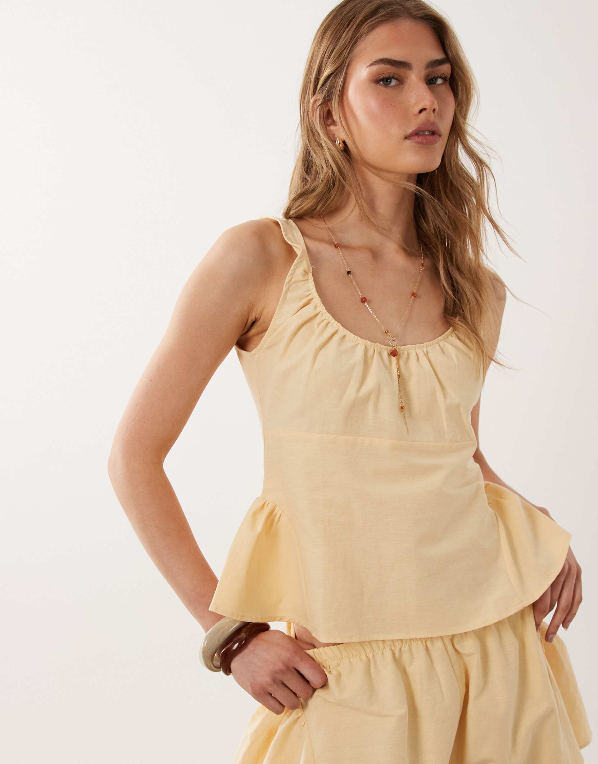 asos design linen blend godet waist strappy top set in buttermilk