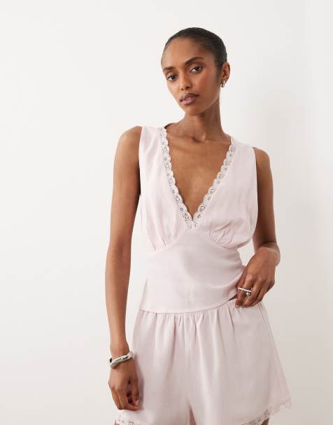 ASOS DESIGN linen blend halter lace trim top in - view 1