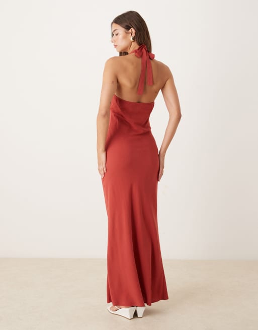 ASOS DESIGN linen blend halter maxi dress in brick red