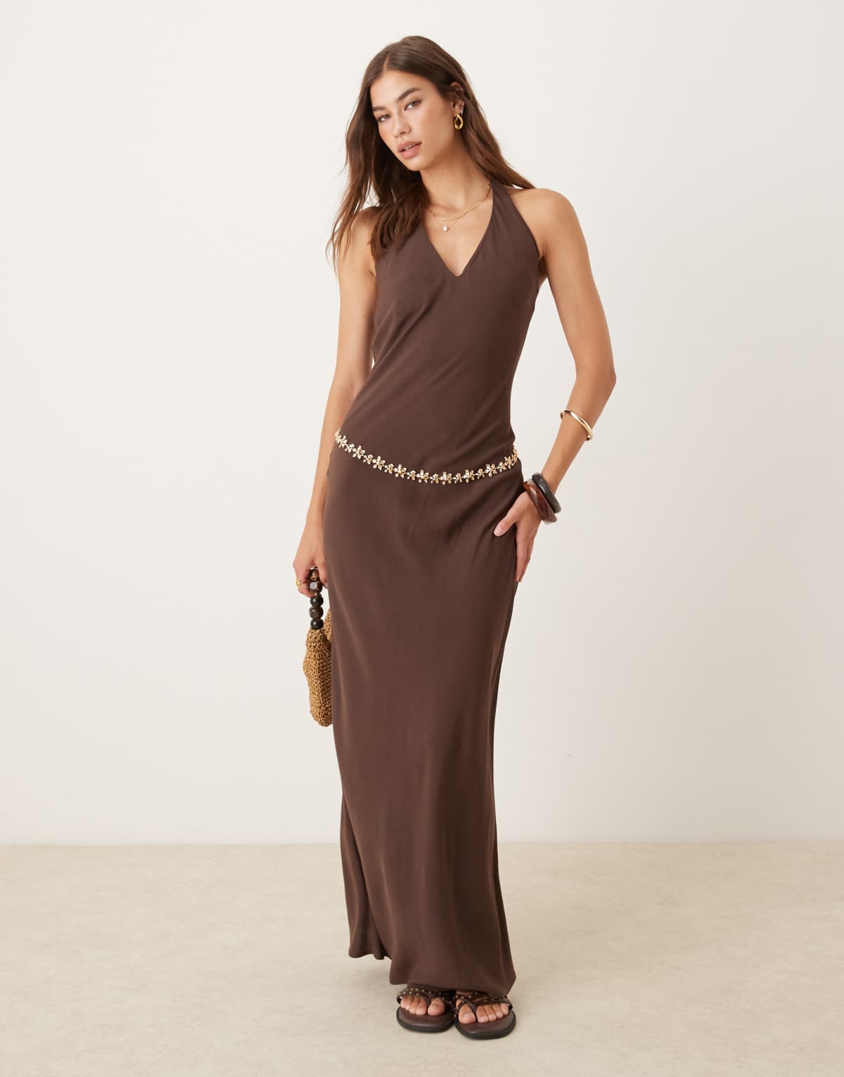 ASOS DESIGN linen blend halter maxi dress in chocolate