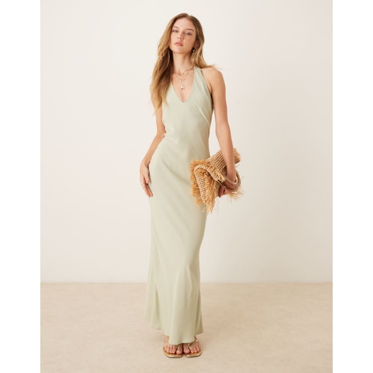 ASOS DESIGN linen blend halter maxi dress in sage green | ASOS