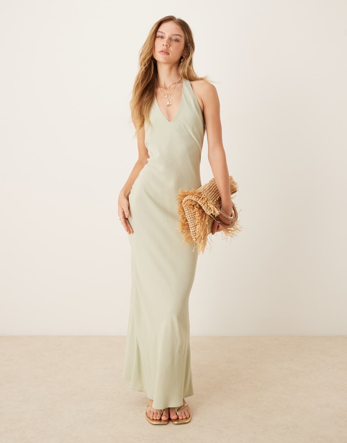 ASOS DESIGN linen blend halter maxi dress in sage green
