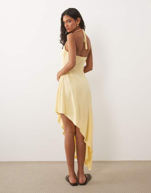 ASOS DESIGN linen blend halter seam detail midi dress in buttermilk, 4 of 4