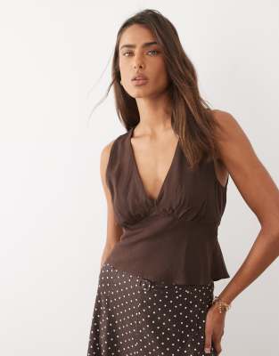 Asos Design Linen Blend Halter Top In Brown