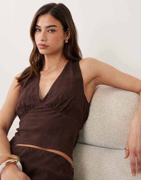 ASOS DESIGN linen blend halter top in chocolate - view 1