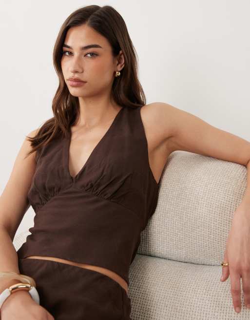 ASOS DESIGN linen blend halter top in chocolate, 3 of 4