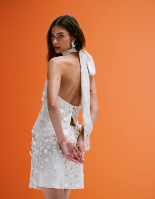 Asos Design Linen Blend Halter Top With Faux Shell And Sequin Embellishments In White