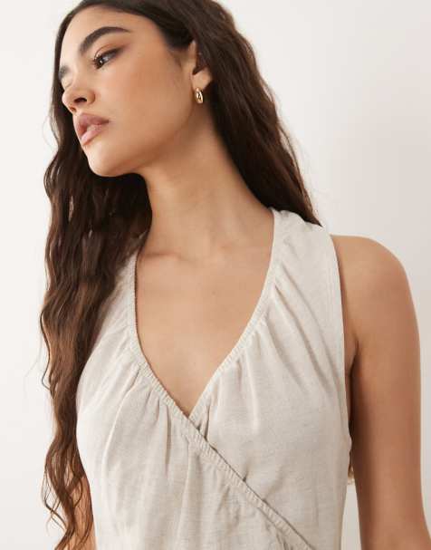 ASOS DESIGN linen blend halter wrap mini dress in neutral - view 1