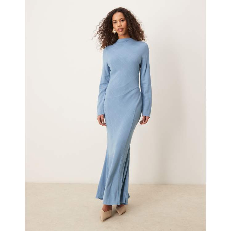 ASOS DESIGN linen blend high neck seam detail maxi dress in faded denim