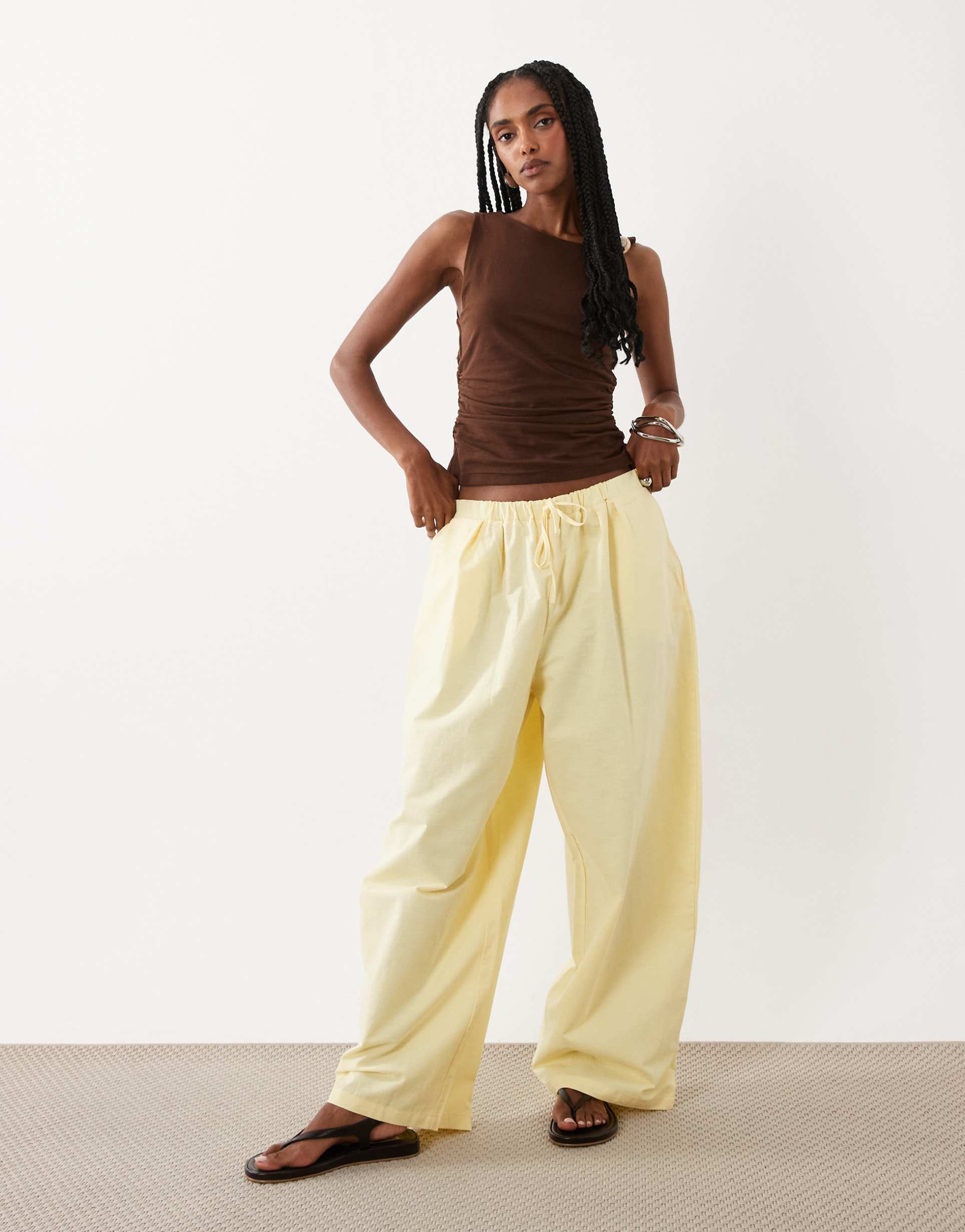 asos design linen blend horseshoe barrel pants in buttermilk - part of a set