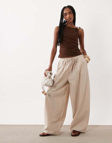 ASOS DESIGN linen blend horseshoe barrel pants in neutral - part of a set - view 1