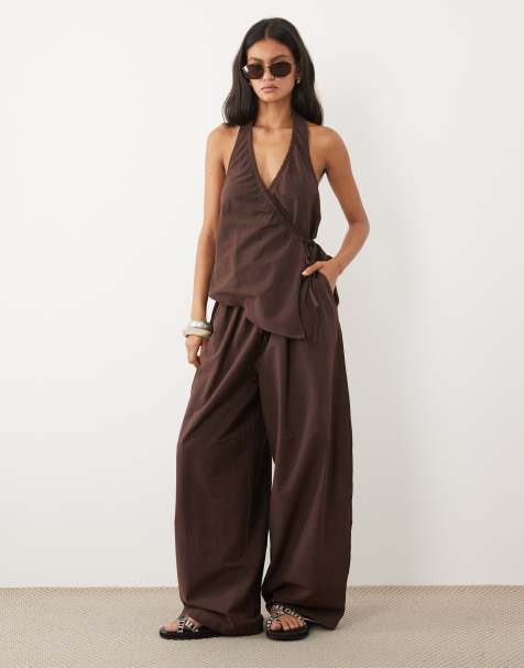 ASOS DESIGN linen blend horseshoe barrel trouser in chocolate co ord - view 1