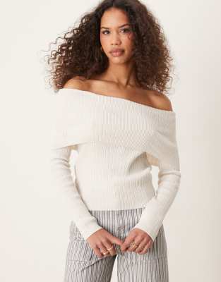Asos Design Linen Blend Knit Bardot Top In White